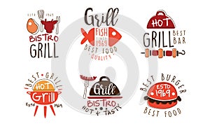 Grill Fish Bistro Logo Design Set, Hot Grill Best Bar Labels Hand Drawn Vector Illustration