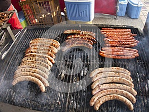 Grill frying fresh meat barbecue sausages, BBQ picnic sandwich store
