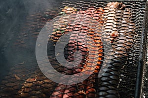 On a grill grate are fresh grilled sausages, ready to be eaten