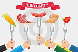 Grill hot chicken ham, sausage, beef ribs, steak with fork in hand isolated on white background. Fried meat, corn, tomatoes.