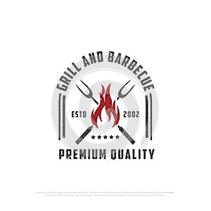 Grill house barbecue logo design with grunge style, retro BBQ vector, barbeque bar and restaurant icon, Red fire icon vector