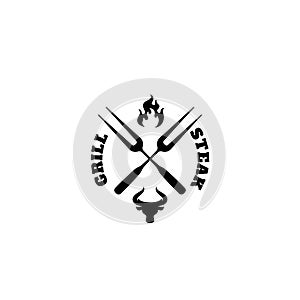 Grill house logo. Bullhead logo. Barbeque bar logo stamp with fork