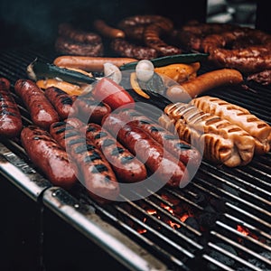 A grill with many different types of hot dogs and sausages, AI