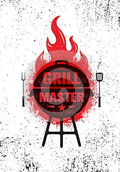 Grill Master Meat On Fire Barbecue Menu Vector Design Element. Outdoor Food Meal Creative Rough Sign