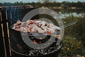 Grill outdoors with chicken being fried on it