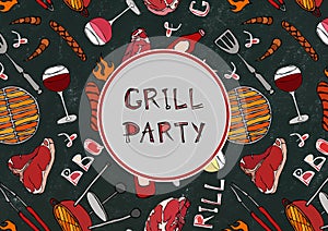 Grill Party. Seamless Pattern of Summer BBQ Grill Party. Glass Red, Rose White Vine, Steak, Sausage, Barbeque. Black Board Backgro