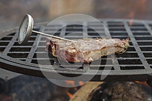 On a grill, a piece of meat is prepared with a thermometer for the kitchen