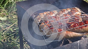 Grill rack with browned sausages. Lies on the grill with embers. In the meadow among the green grass. Picnic in nature. Close-up