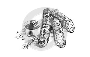 grill sausage hand drawing sketch engraving illustration style