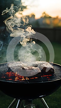 Grill with sizzling meat, smoke rising in a summer evening