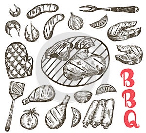 Grill Sketch food set. BBQ food is sausages, ribs, shrimp, salmon, steak, vegetables, chicken.