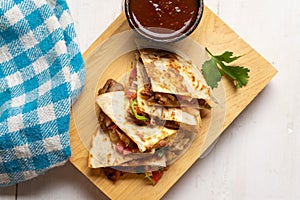 Grill steak mulitas with fresh sauce and cheese on white background. Mexican food