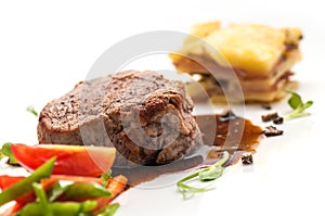 Grill steak with roasted vegetables and sauce, side dish potatoes, gastronomy, menu