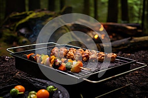 grill with turkey skewers at a campsite