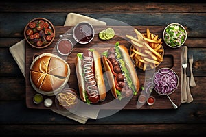 Grilled All Beef Hots Dogs with Chips and French fried on wood table photo