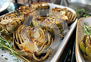 Grilled artichokes on a plate. Traditional cuisine of Naples, Italy.
