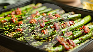 Grilled asparagus and bacon on a baking tray, showcasing a delicious and healthy meal option. The vibrant green of the