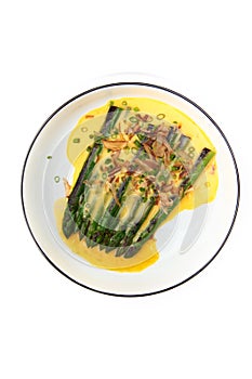 Grilled asparagus with bacon. Flat lay. Top view. Copy space. Isolated object.Vertical photo.