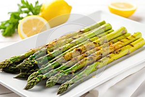 grilled asparagus bundle on a white dish