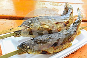 Grilled Ayu fish with salt at Kegon Waterfall, Japan