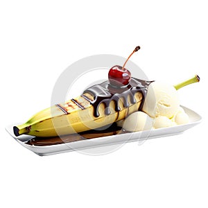 grilled banana, topped with a scoop of vanilla ice cream and a drizzle of chocolate sauce, delicates food, isolated on