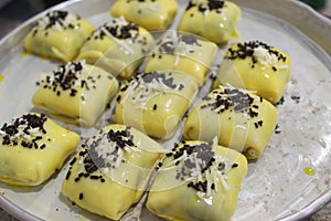 Grilled  Banana from West Java. Delicious grilled bananas with chocolate and cheese. Banana with melted chocolate filling. P