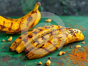 Grilled Bananas on Green Textured Background with Spices and Pine Nuts, Delicious Sweet Dessert Concept, Exotic Fruit Dish