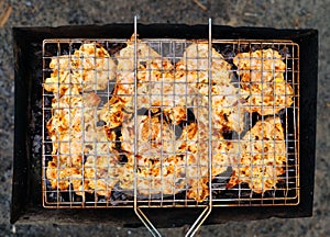 Grilled barbecue chicken meat on brazier