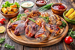 Grilled and barbecue chicken on table photo