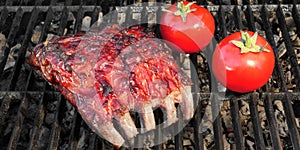 Grilled Barbecue Tasty Smoked Marinated Pork Ribs and Tomatoes