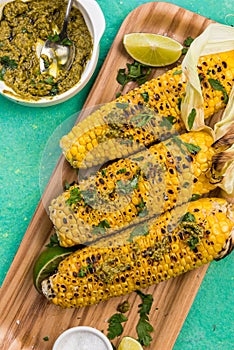 Grilled BBQ Corn on Cob, with Herbs, Butter,Pesto and Salt, Top View