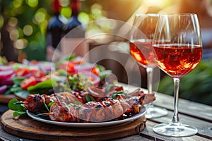 Grilled BBQ meat, salads and wine. Outdoor home party. Generative AI