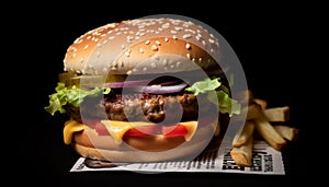 Grilled beef burger with cheese, tomato, and onion on bun generated by AI
