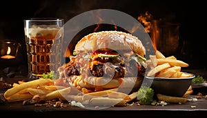 Grilled beef burger, fries, and cola perfect pub meal generated by AI