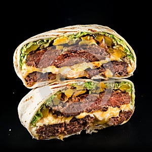 Grilled beef burgers in pita bread with cheese and arugula leaves