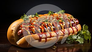 Grilled beef, hot dog, and pork on a bun generated by AI