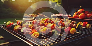 grilled beef meat and vegetable kebabs