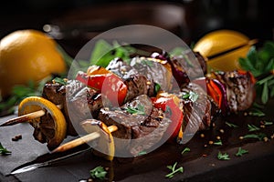 grilled beef shishkabob with zesty lemon and garlic marinade on skewer photo