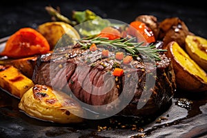 Grilled beef steak with baked potatoes and vegetables as closeup on a modern design plate, Succulent fillet steak and roast