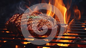 Grilled beef steak on barbecue grill with fire flames background. Toned. Generative AI