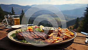 Grilled beef steak and fries on wooden picnic table outdoors generated by AI