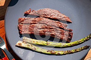 Grilled beef steak with Green asparagus on blue plate and white background top view, barbecue dry aged steak