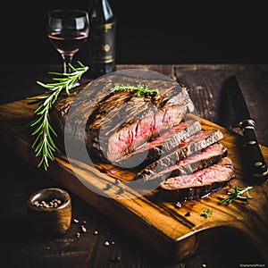 Grilled beef steak with herbs and spices on a cutting board