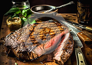 Grilled beef steak with herbs and spices on a cutting board