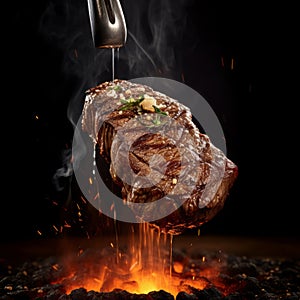 Grilled beef steak medium rare on fire over flaming grill with smoke and flames on black background