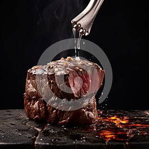 Grilled beef steak medium rare on fire over flaming grill with smoke and flames on black background