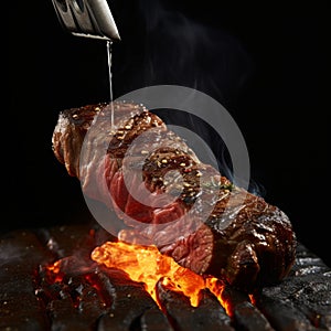 Grilled beef steak medium rare on fire over flaming grill with smoke and flames on black background