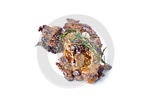 grilled beef steak and rosemary isolated on white background