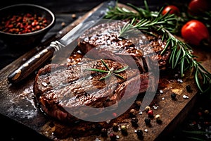 Grilled beef steak with rosemary and spices on a cutting board with Generative AI.