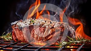 Grilled beef steak s and on a grill with flames under, AI Generated